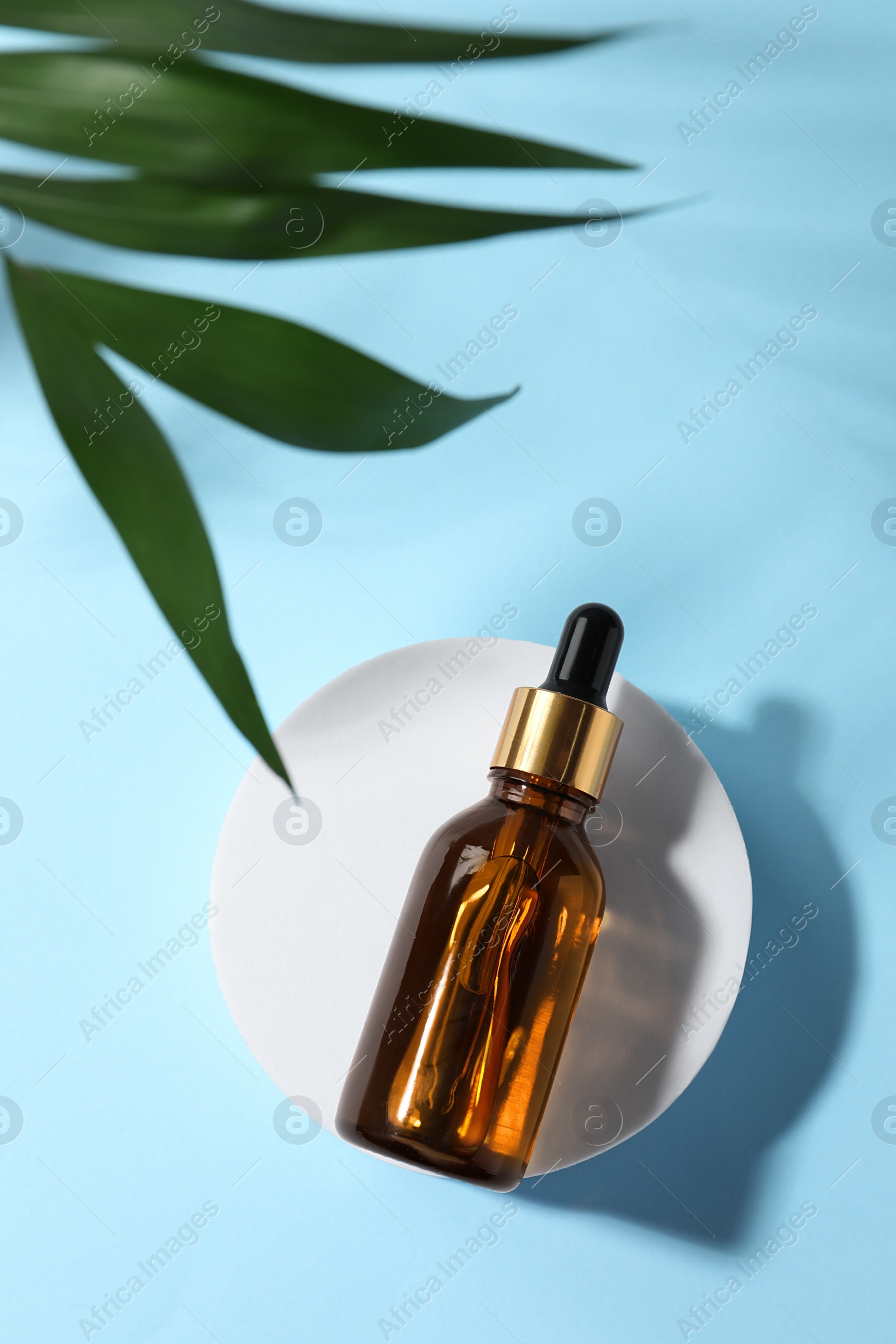 Photo of Bottle of cosmetic oil and leaves on light blue background, top view