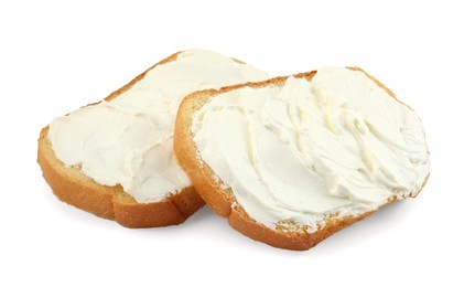 Photo of Slices of bread with cream cheese isolated on white