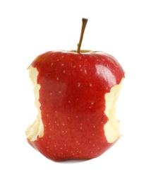 Photo of Ripe red apple with bite marks on white background