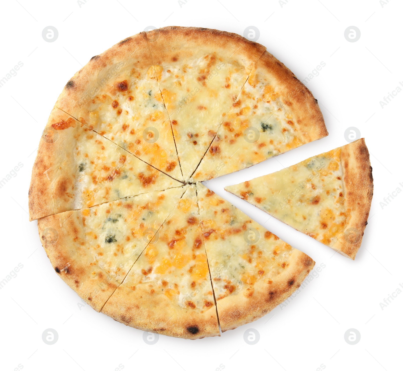 Photo of Delicious cut cheese pizza isolated on white, top view