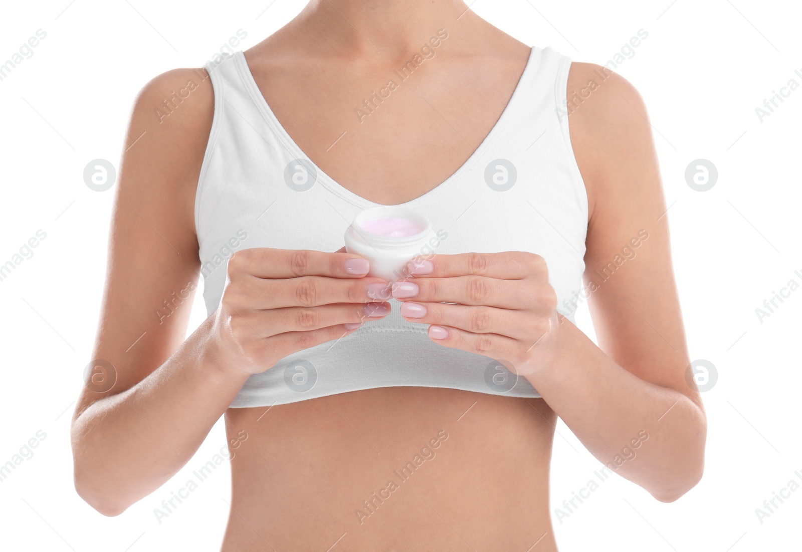 Photo of Young woman with jar of cream on white background, closeup. Beauty and body care