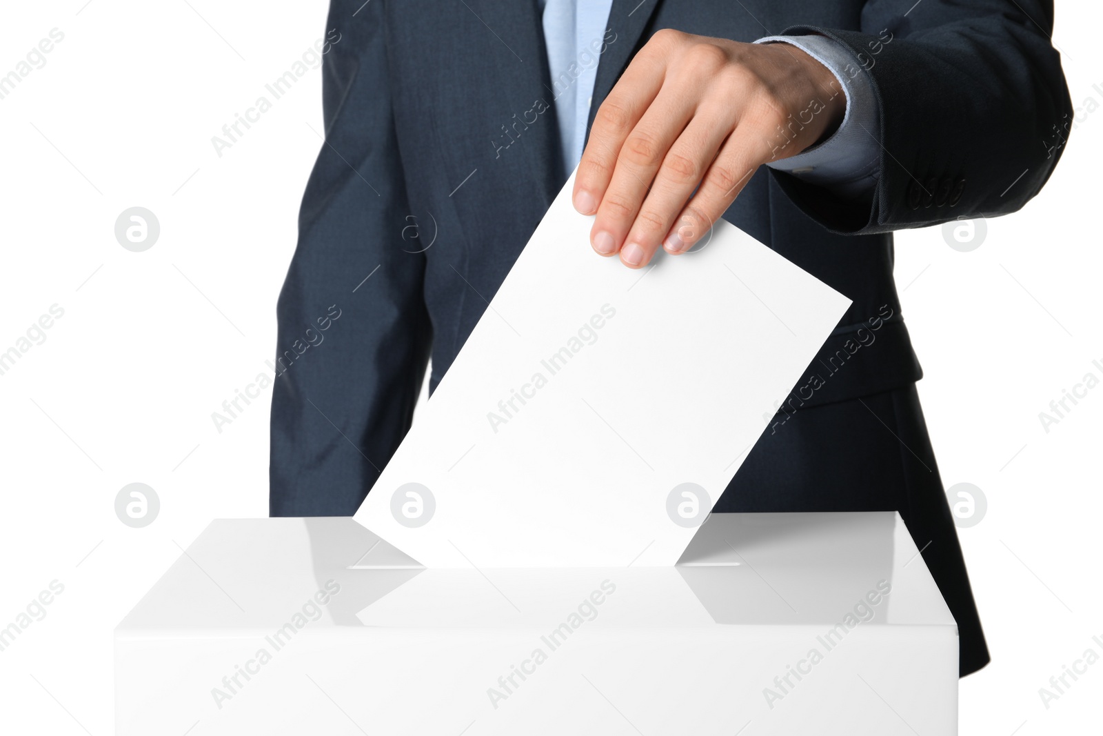 Photo of Man putting his vote into ballot box on white background, closeup