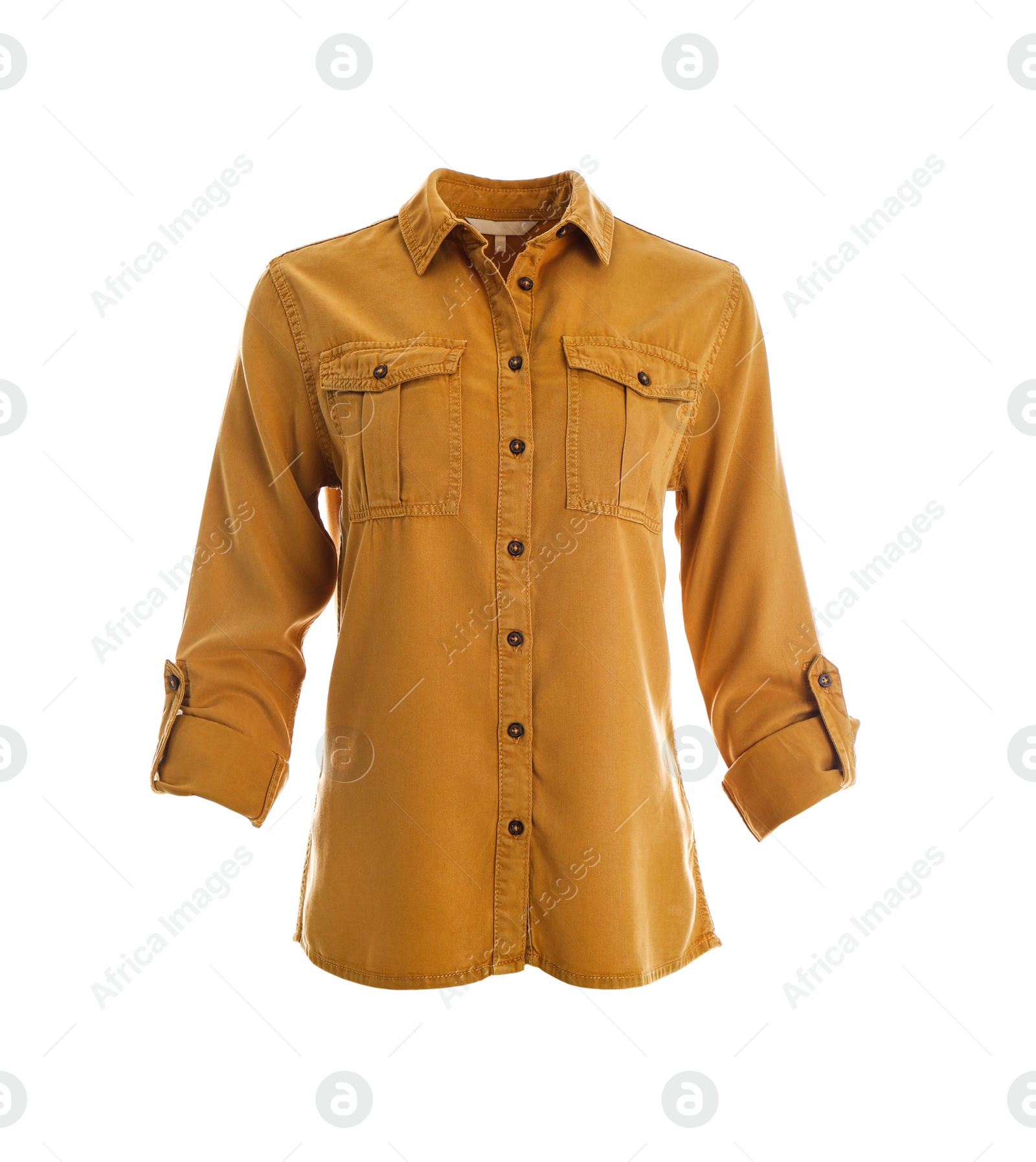 Photo of Elegant brown shirt on mannequin against white background. Women's clothes