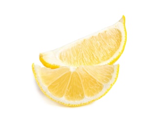 Photo of Slices of ripe lemon on white background