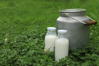 Photo of Bottles and can with fresh milk on green grass outdoors. Space for text