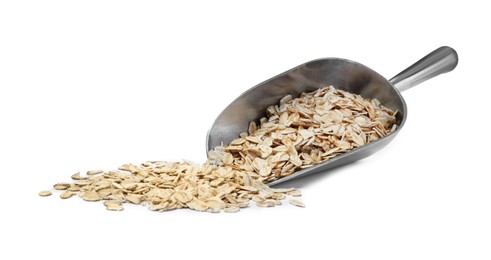 Photo of Oatmeal and metal scoop on white background