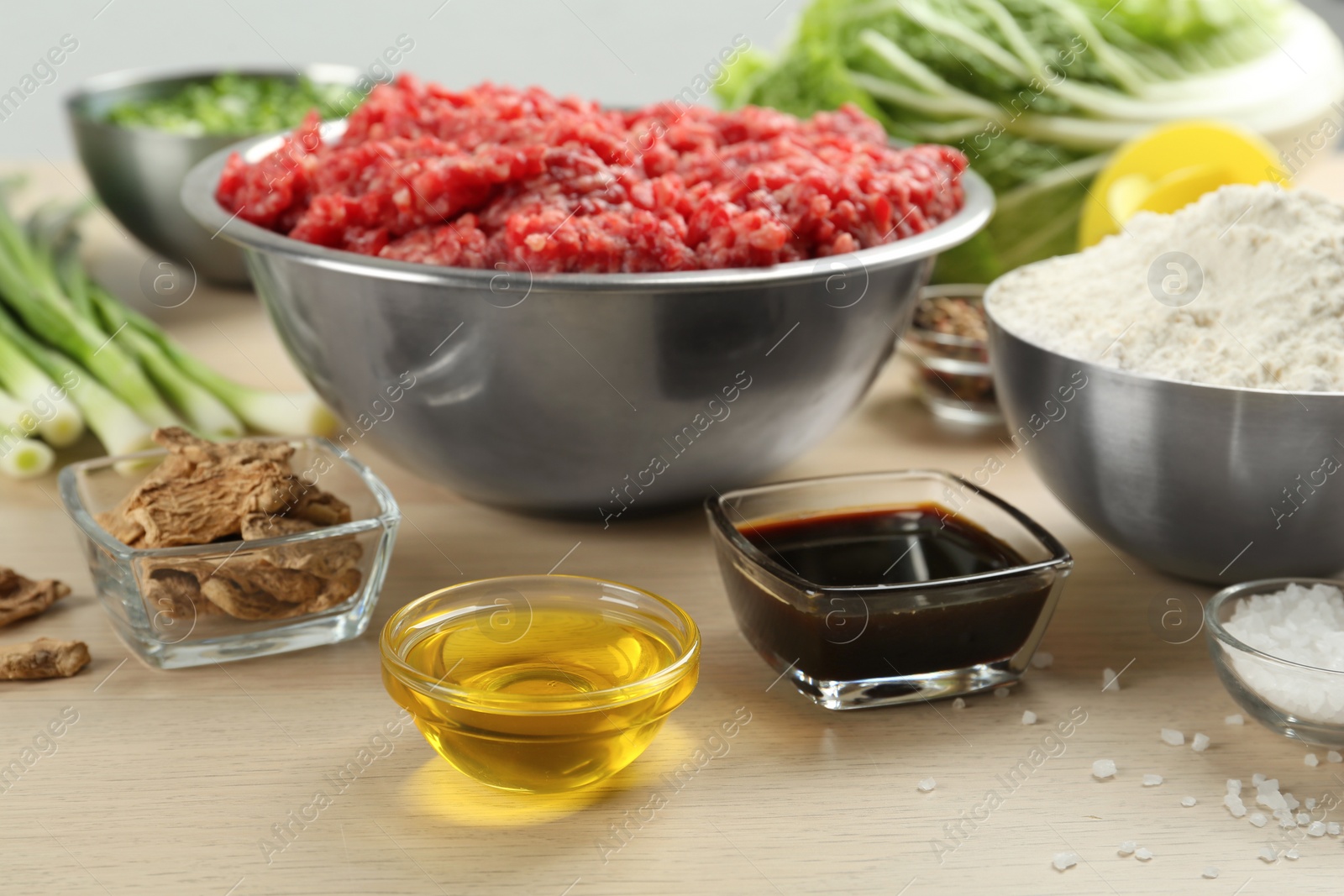 Photo of Composition with ingredients for gyoza on wooden table