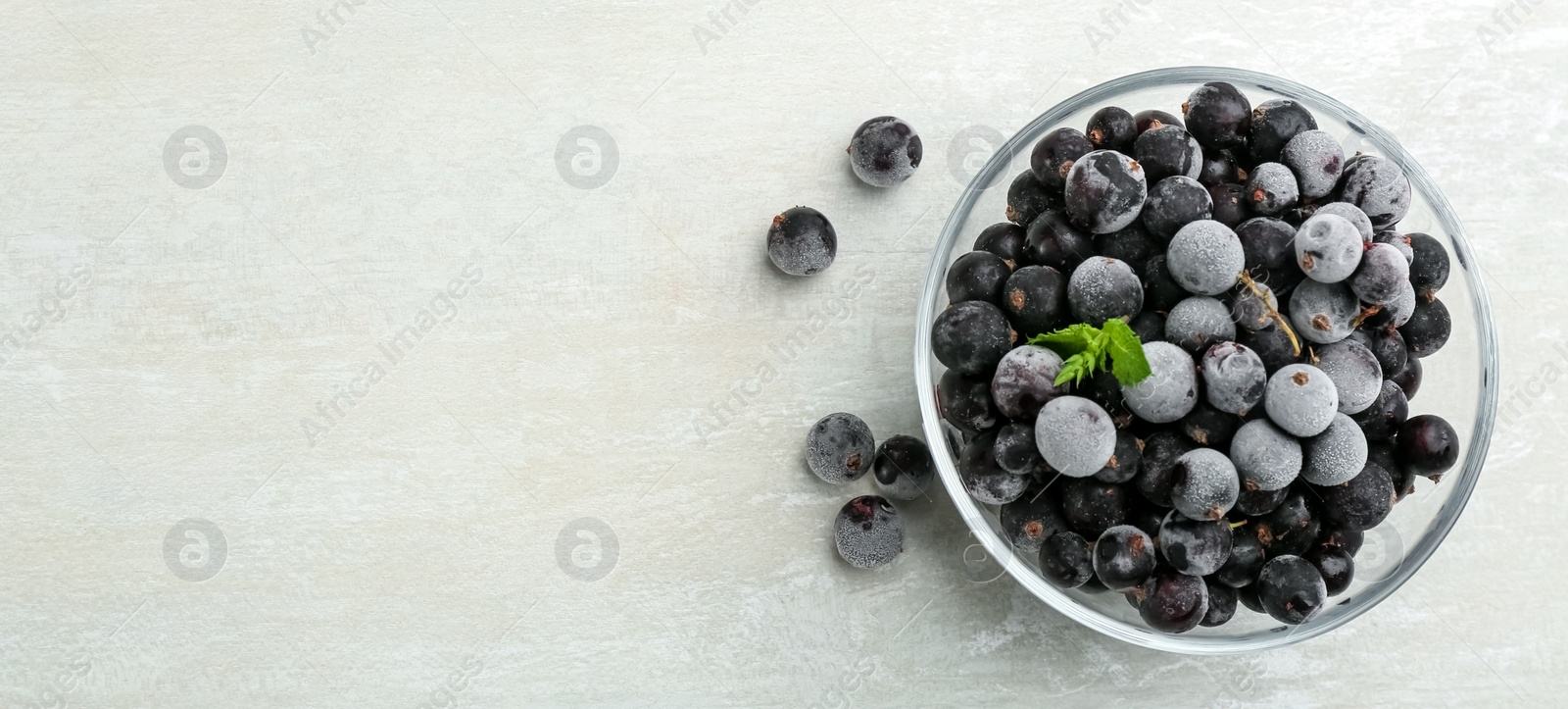 Photo of Tasty frozen black currants on white table, flat lay. Space for text