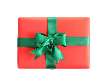 Beautifully wrapped gift box on white background, top view