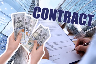 Image of Government contract. Collage with photos of woman counting dollars, man signing document and buildings