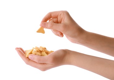Photo of Woman holding crispy rusks on white background, closeup