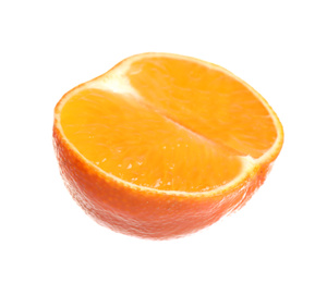 Photo of Cut fresh juicy tangerine isolated on white