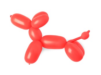 Photo of Red dog figure made of modelling balloon on white background, top view