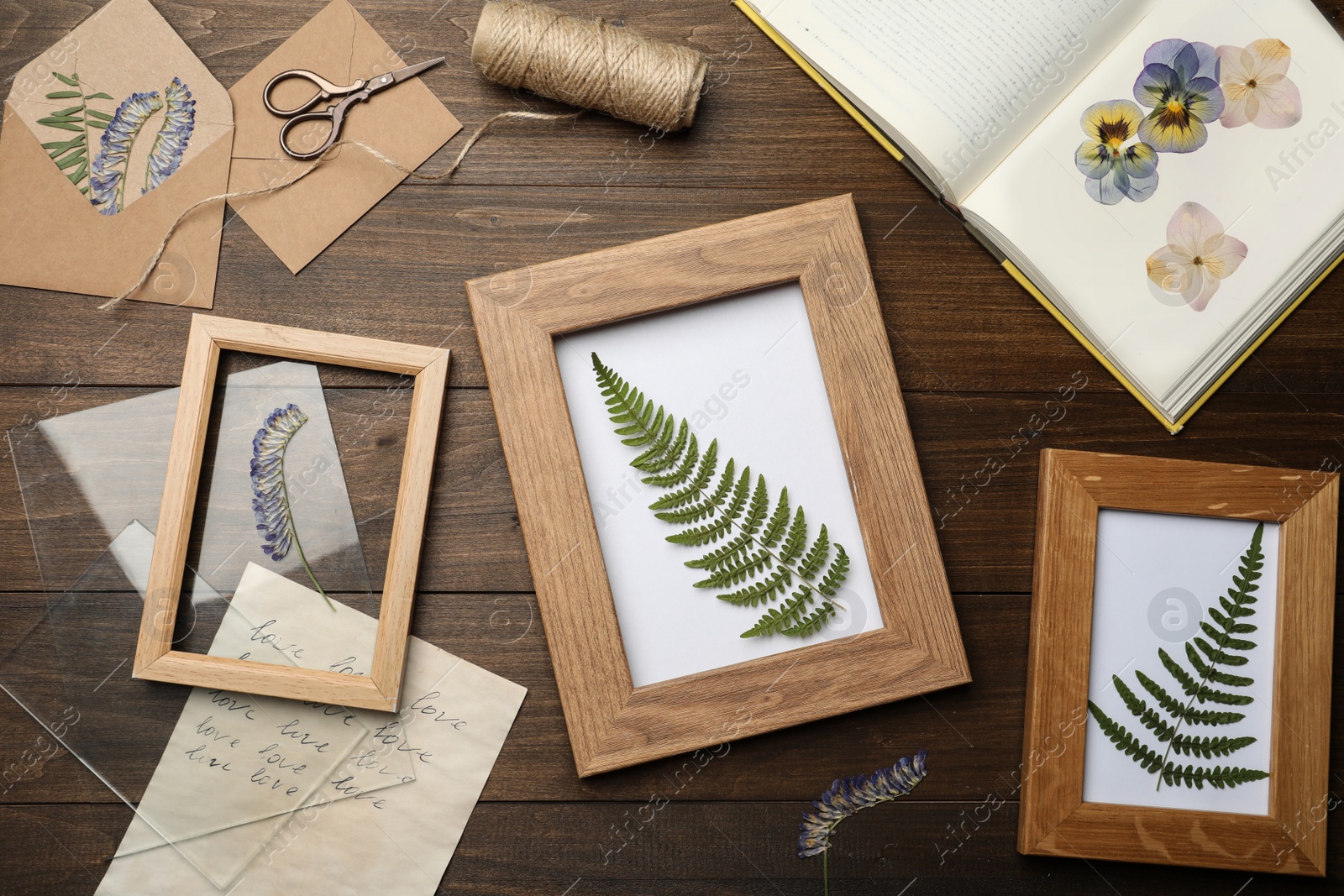 Photo of Flat lay composition with dried flowers and plants on wooden table