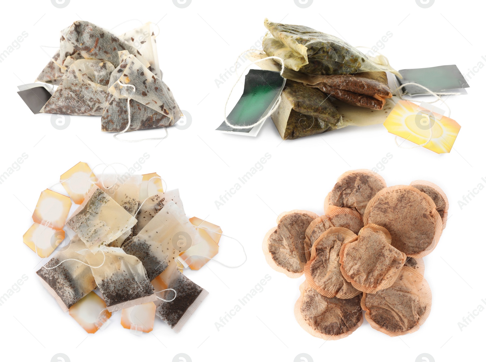 Image of Set with used tea bags on white background