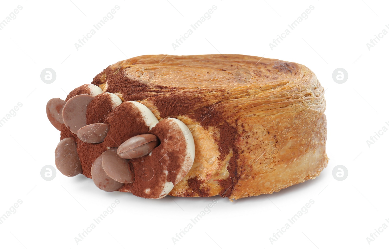 Photo of Round croissant with chocolate chips and cream isolated on white. Tasty puff pastry