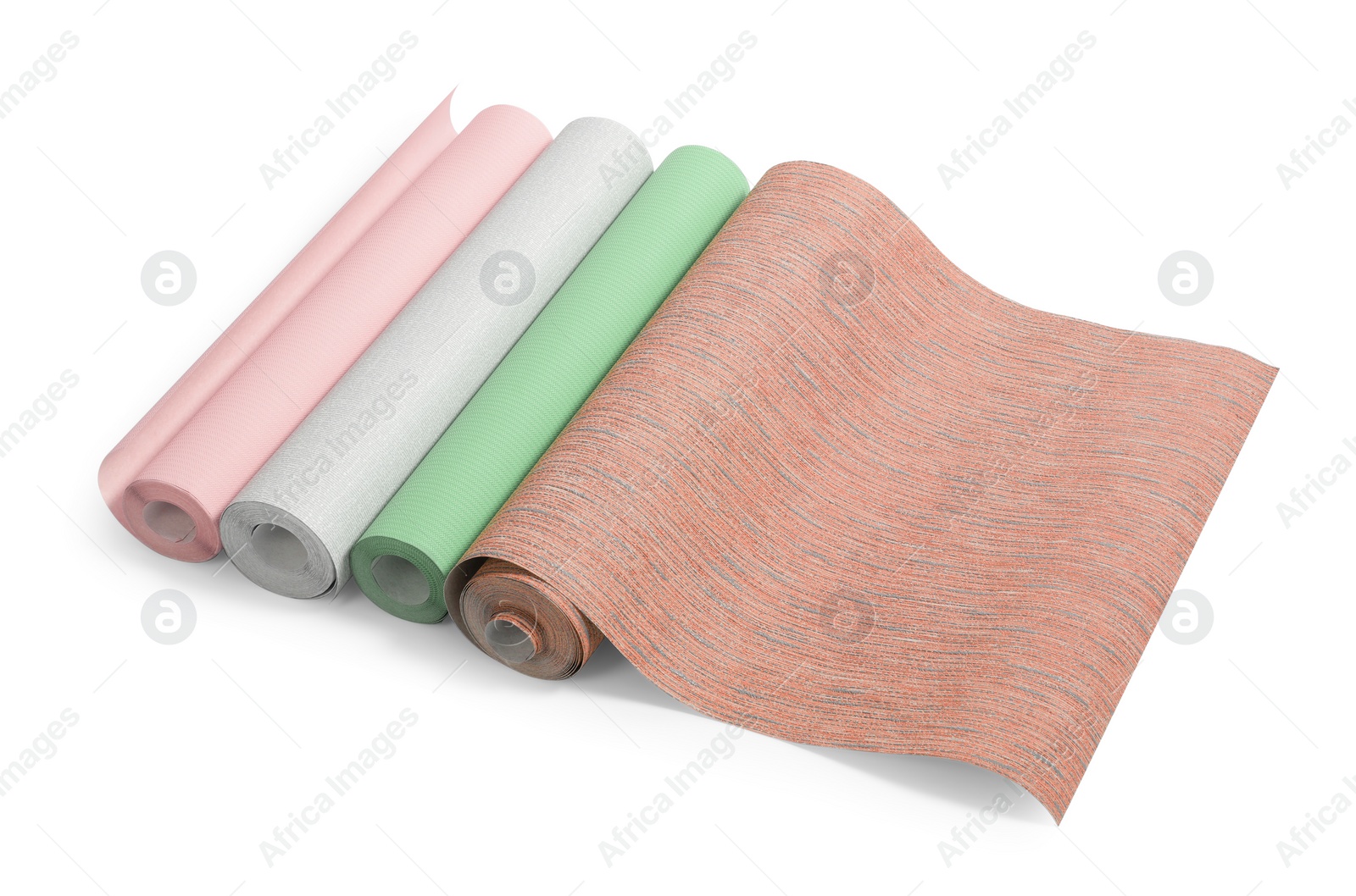 Image of Different colorful wallpaper rolls isolated on white