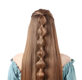 Woman with braided hair on white background, back view