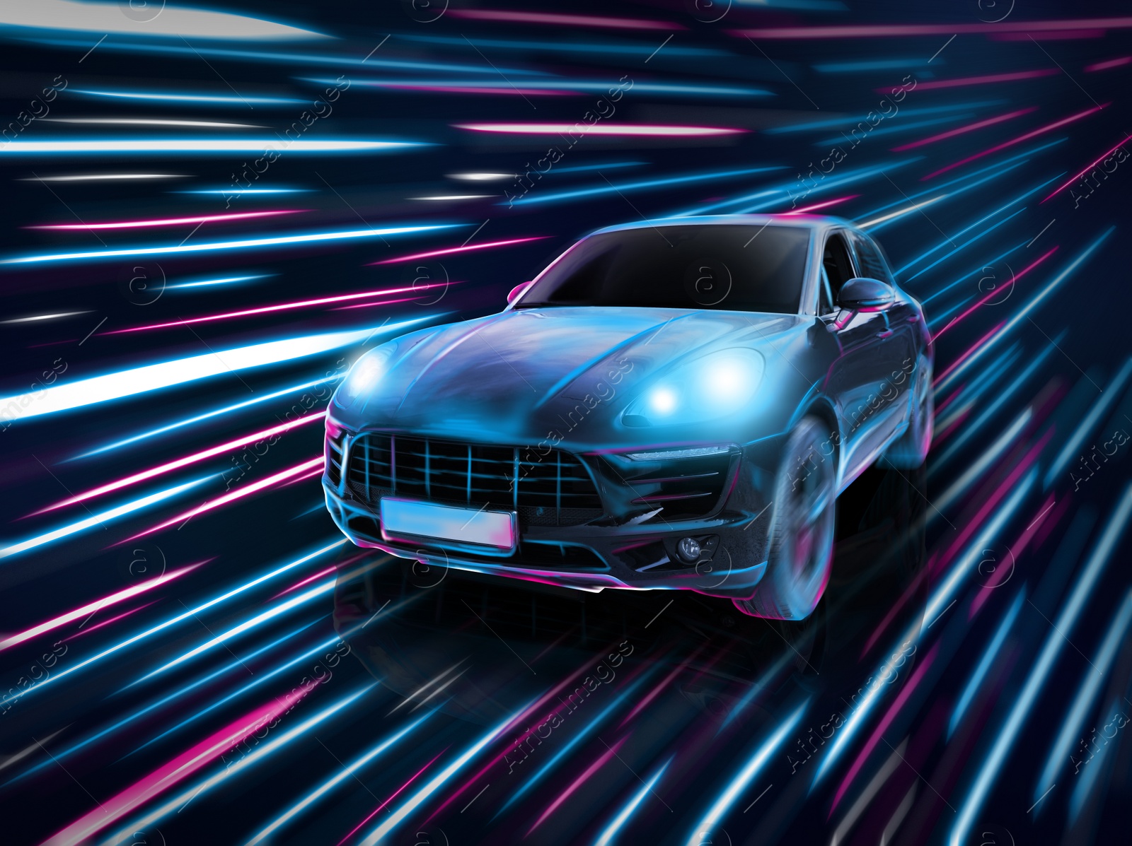 Image of Black modern car and speed light trails, motion blur effect