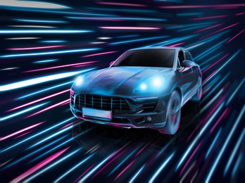 Black modern car and speed light trails, motion blur effect