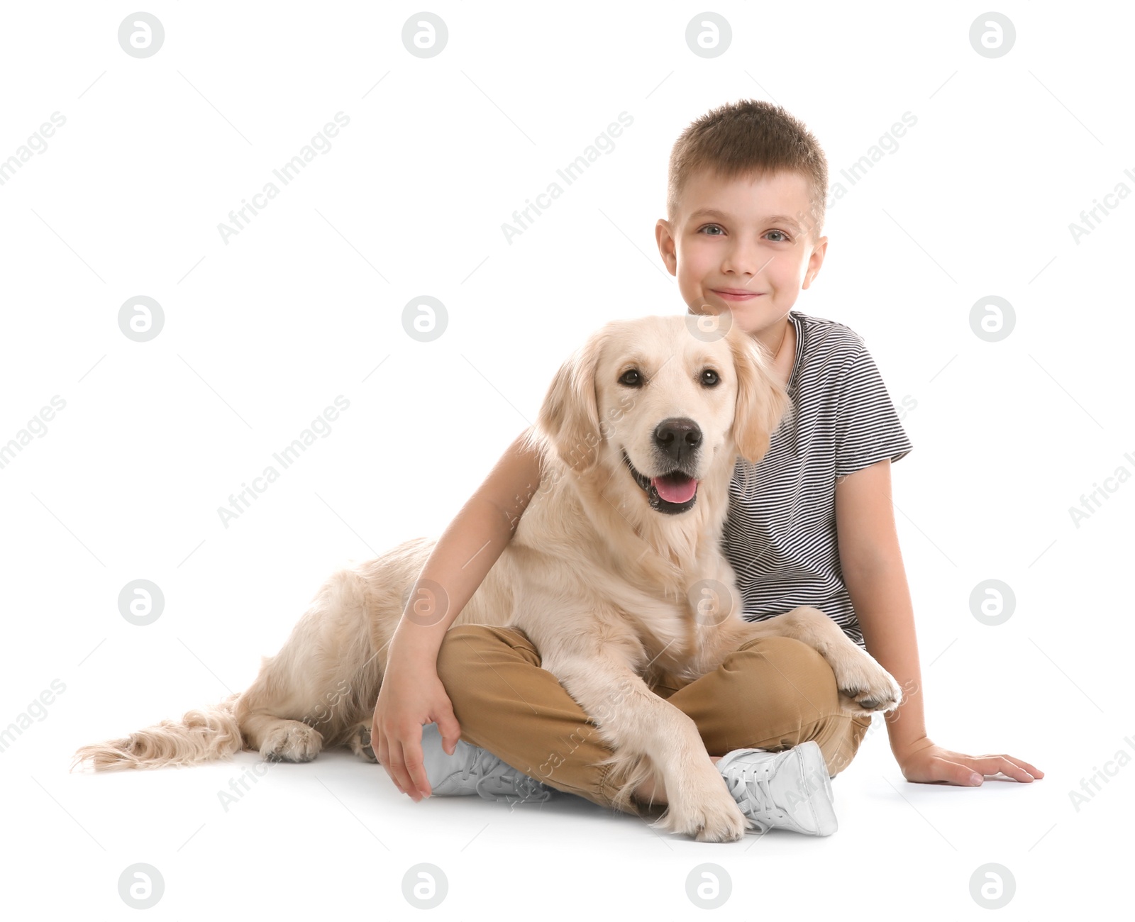 Photo of Cute little child with his pet on white background