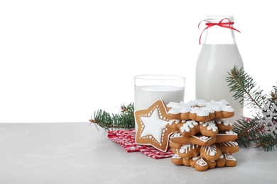 Photo of Composition with tasty Christmas cookies on light table against white background