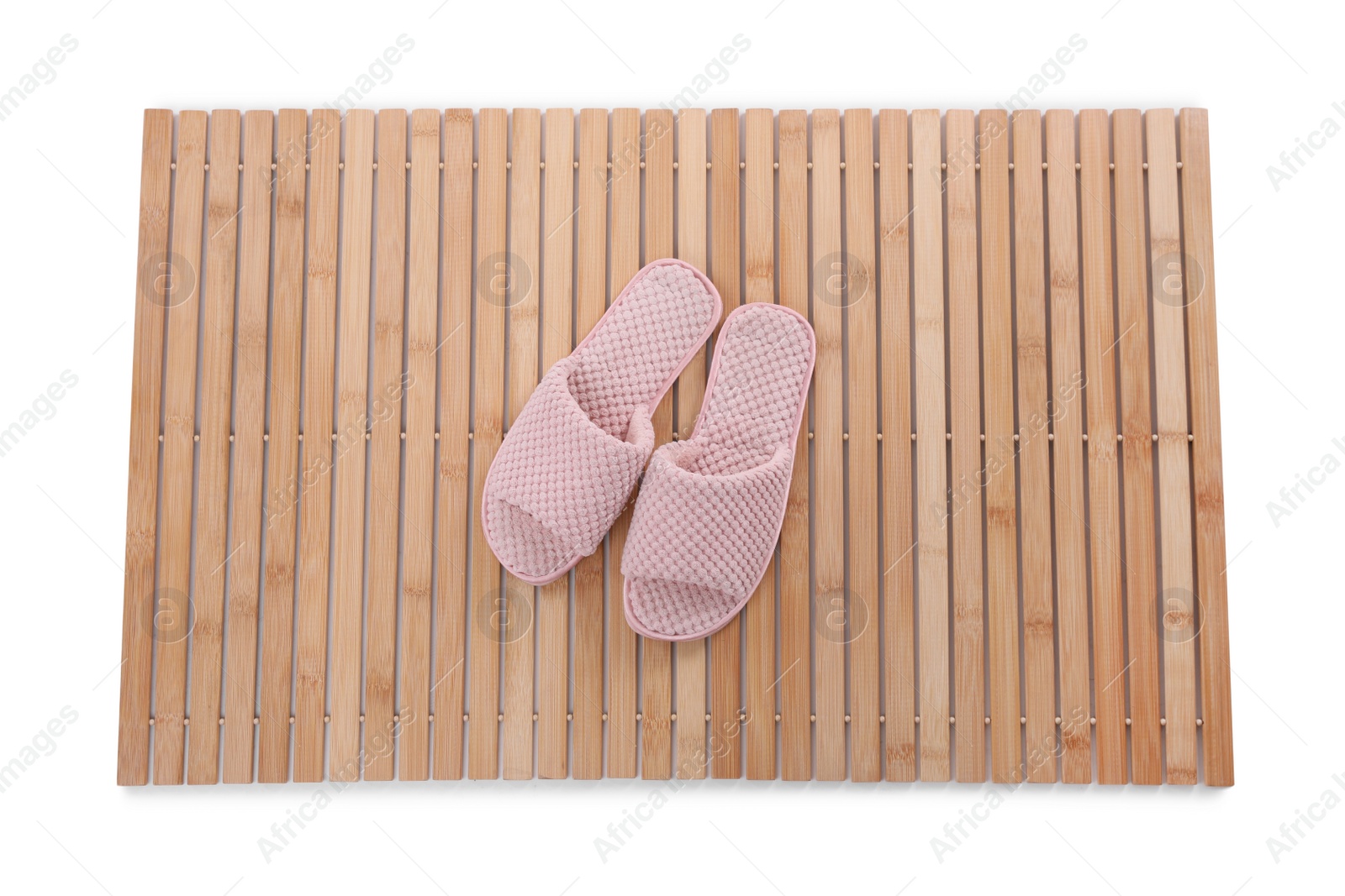 Photo of Bamboo rug isolated on white, top view. Bath accessory