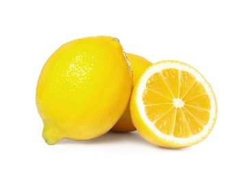 Photo of Fresh ripe juicy lemons on white background