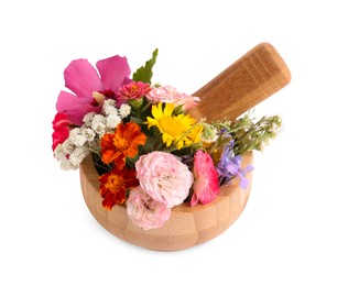 Photo of Wooden mortar with different flowers and pestle on white background