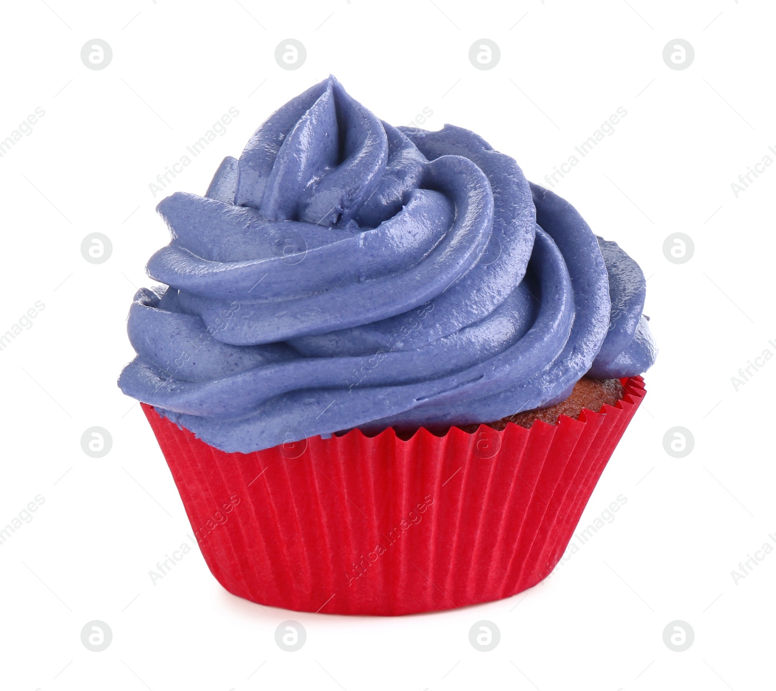 Photo of Delicious cupcake with violet cream isolated on white