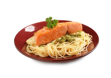 Photo of Delicious spaghetti with salmon and pesto sauce on white background