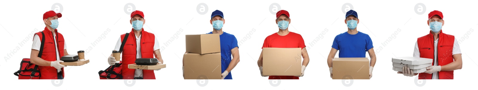 Image of Collage with photos of courier in protective mask holding orders and boxes on white background, banner design. Delivery service during coronavirus quarantine