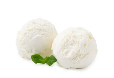Photo of Delicious vanilla ice cream with mint isolated on white