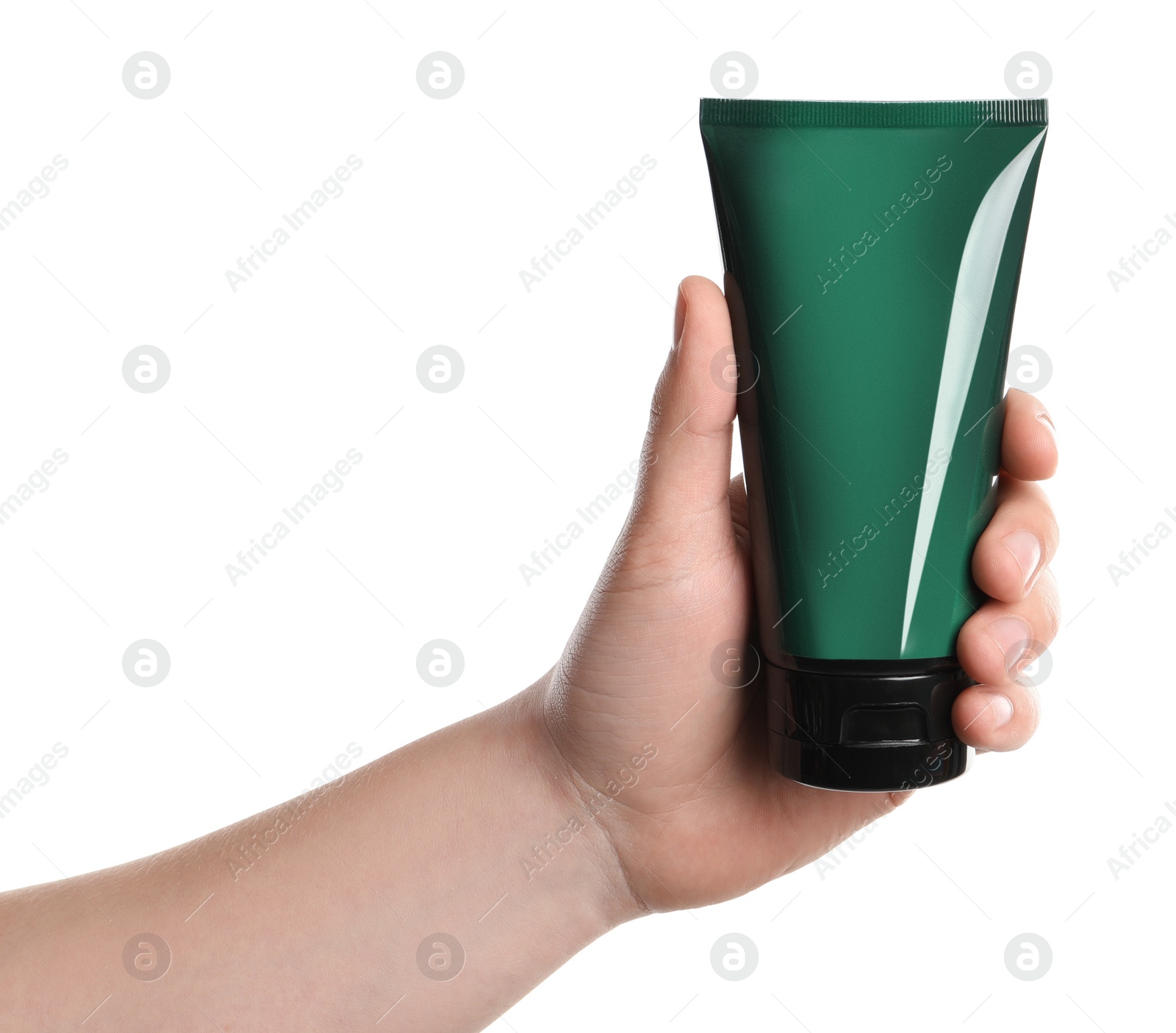 Photo of Man holding tube of facial cream isolated on white, closeup. Mockup for design