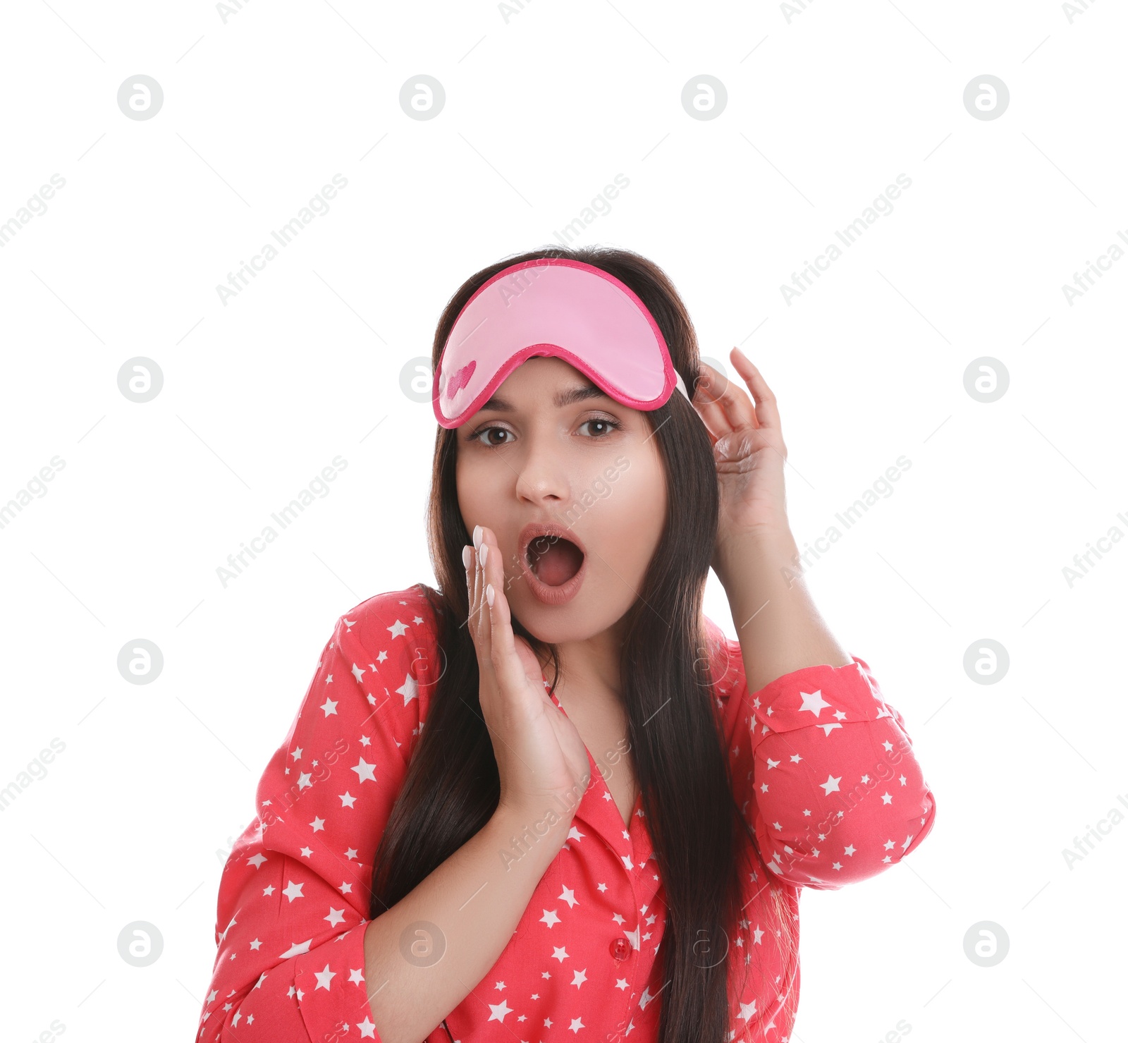 Photo of Beautiful woman wearing sleeping mask on white background. Bedtime