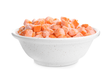Photo of Frozen carrots in bowl isolated on white. Vegetable preservation