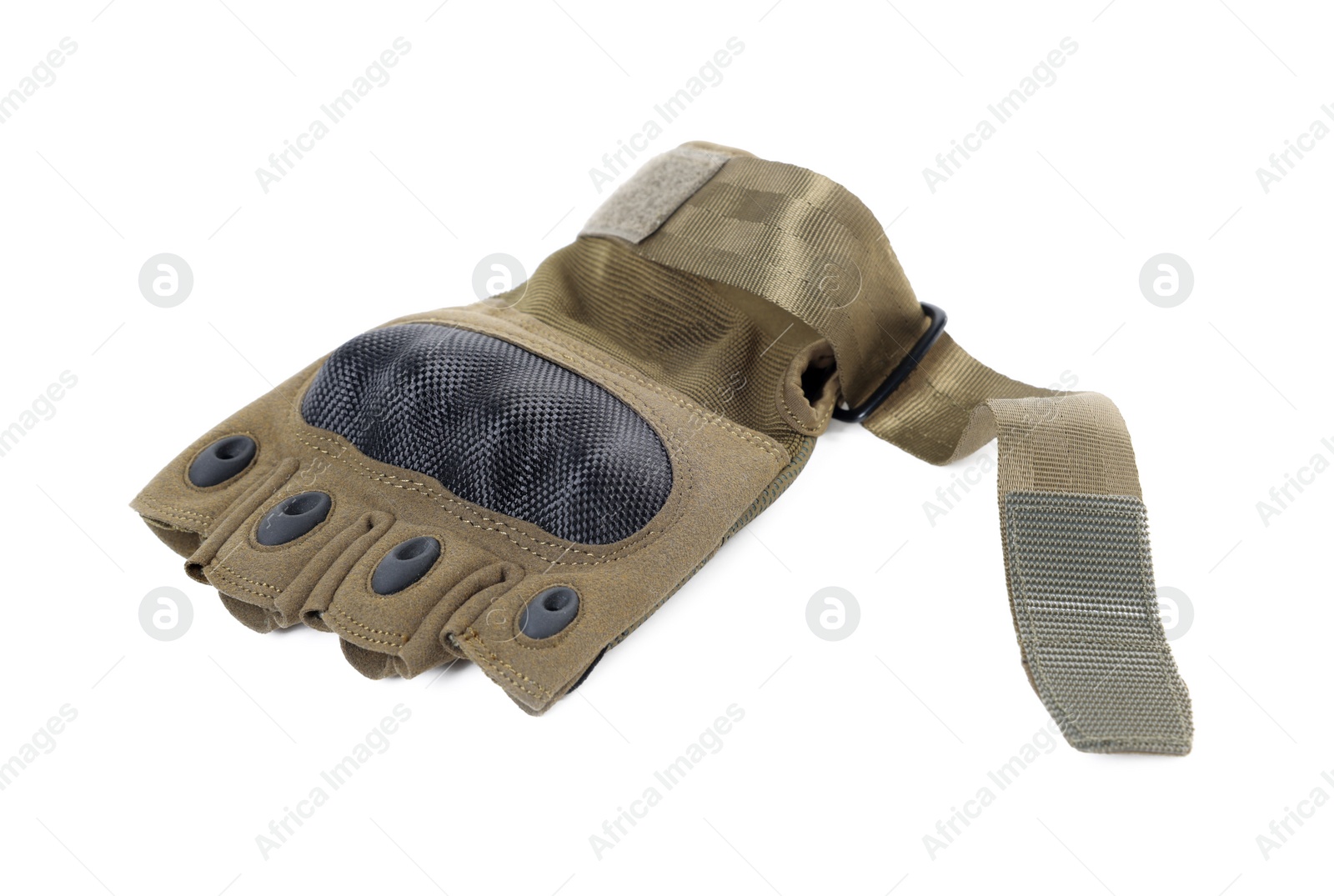 Photo of Tactical glove isolated on white. Military training equipment