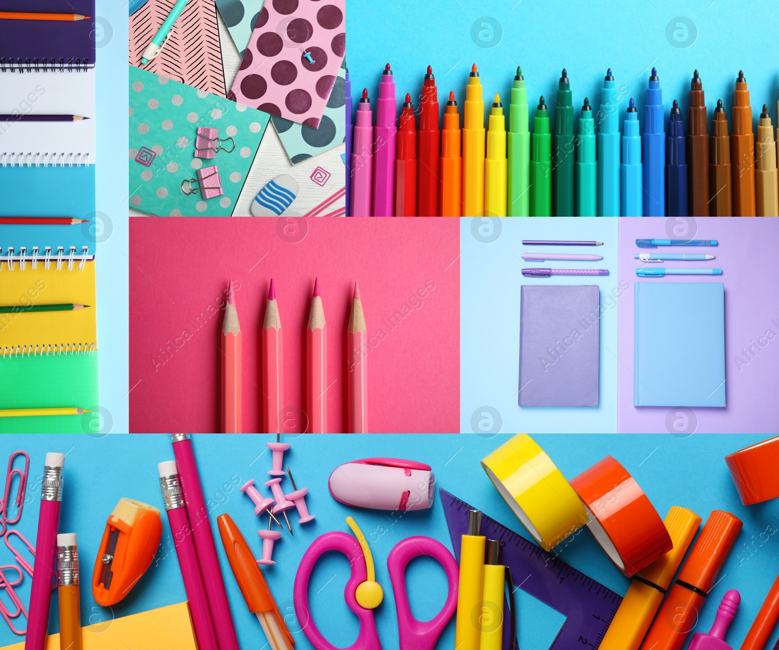 Image of Collage with photos of various school stationery on different color backgrounds, top view