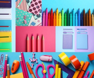 Image of Collage with photos of various school stationery on different color backgrounds, top view