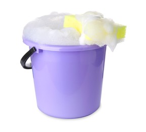 Bucket with foam and sponge isolated on white