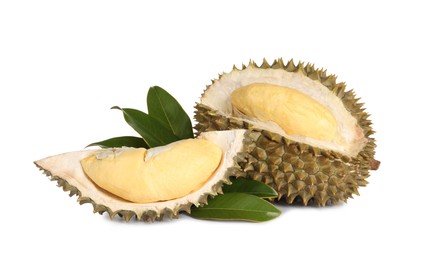 Fresh ripe durian with green leaves on white background. Tropical fruit