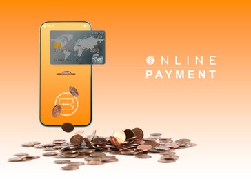Image of Online payment. Coins falling out of slot in mobile phone with credit card on orange gradient background