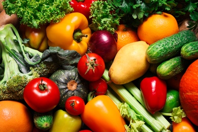Photo of Assortmentfresh organic fruits and vegetables as background, closeup