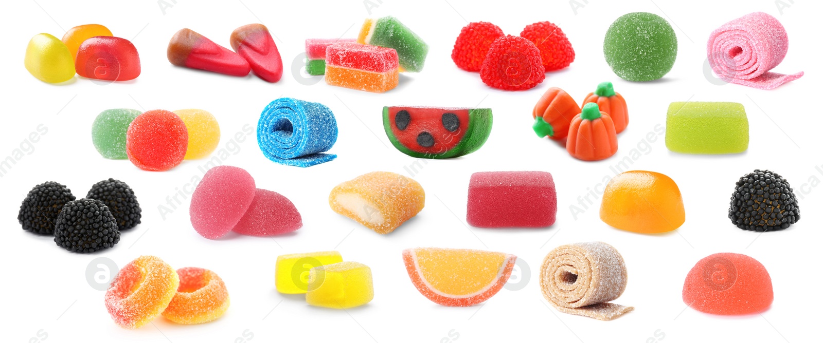 Image of Set of different jelly candies on white background. Banner design