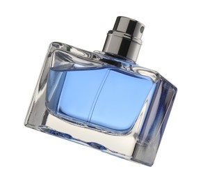 Photo of Blue men's perfume in bottle isolated on white