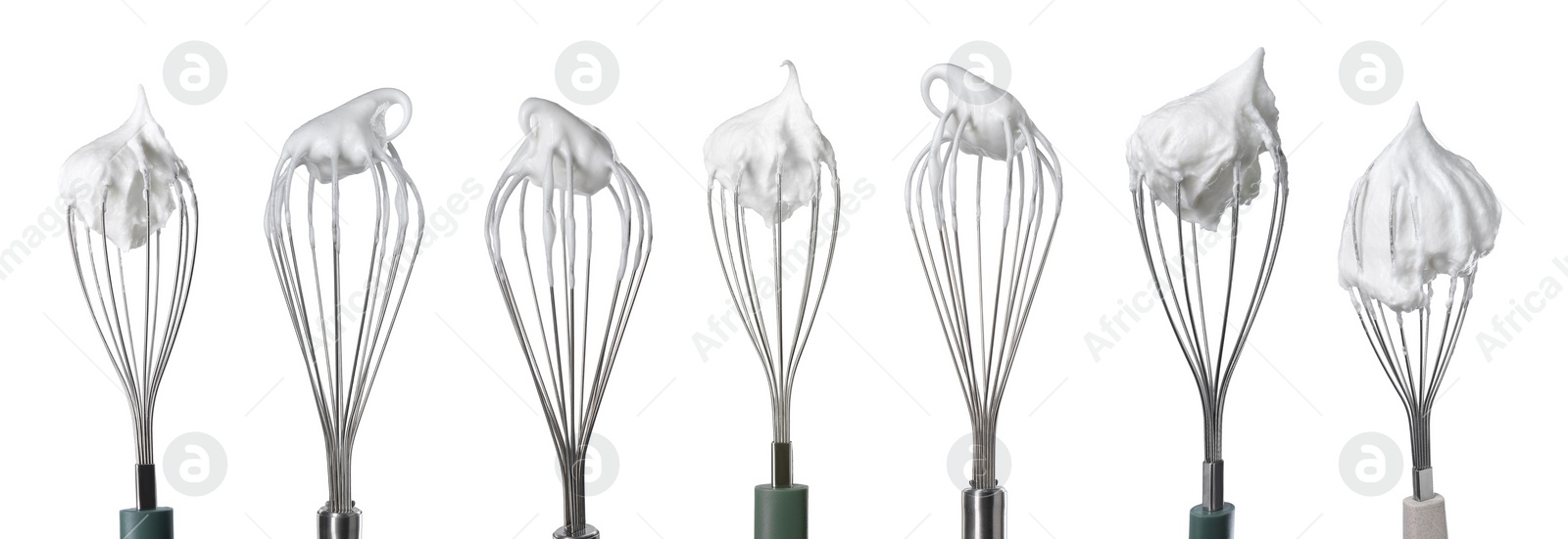 Image of Many different whisks with cream isolated on white, collection