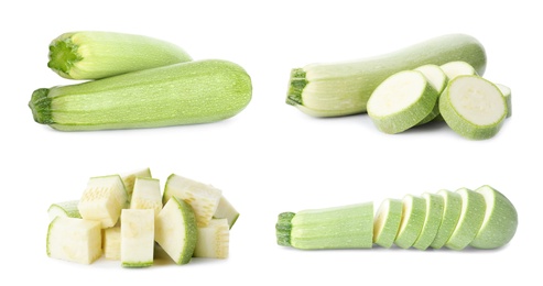 Image of Set of cut and whole squashes on white background, banner design