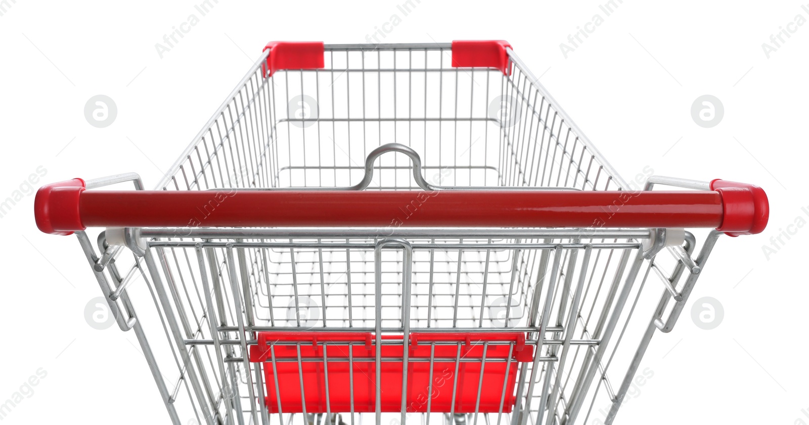 Photo of Empty metal shopping cart on white background