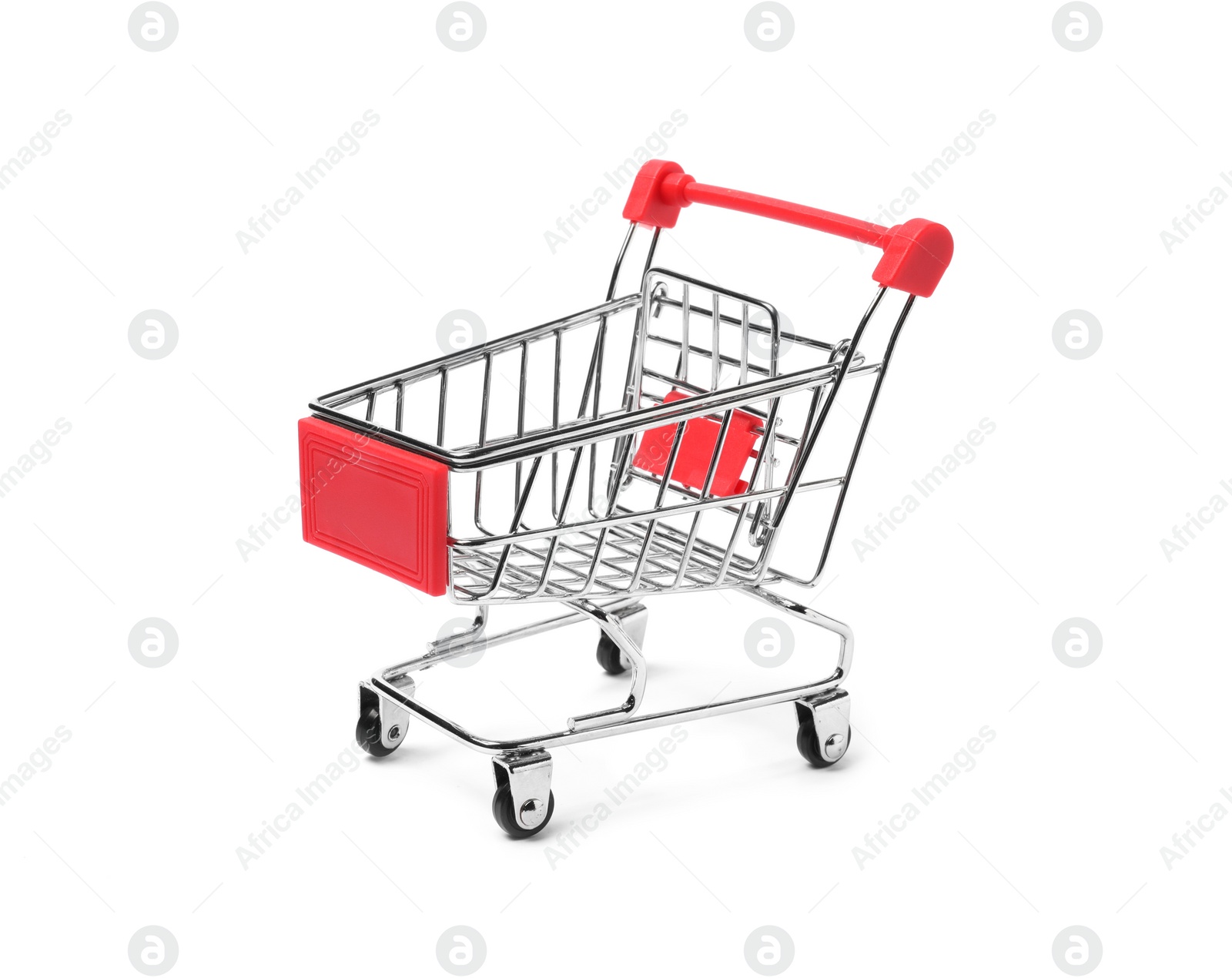 Photo of Empty mini metal shopping cart isolated on white