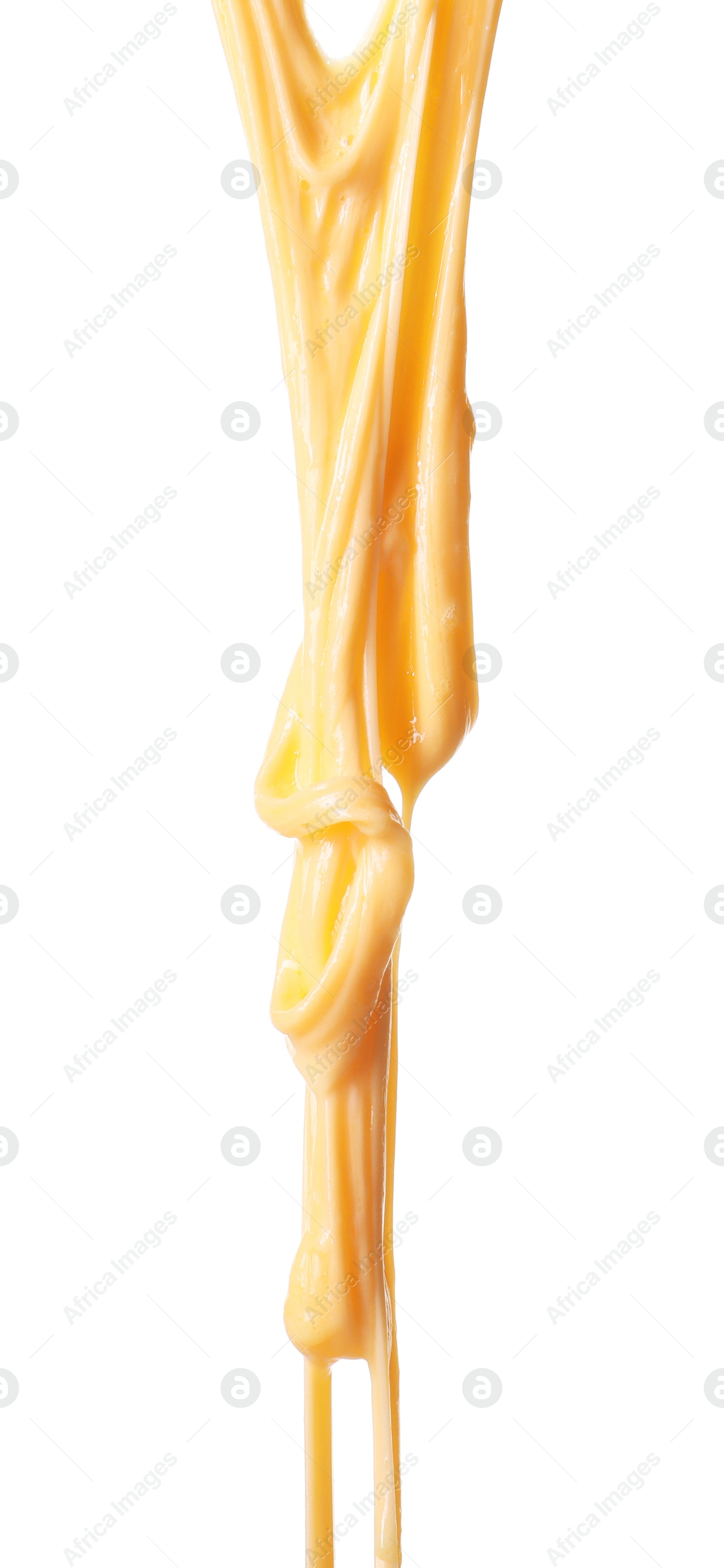 Photo of Stretching delicious melted cheese isolated on white